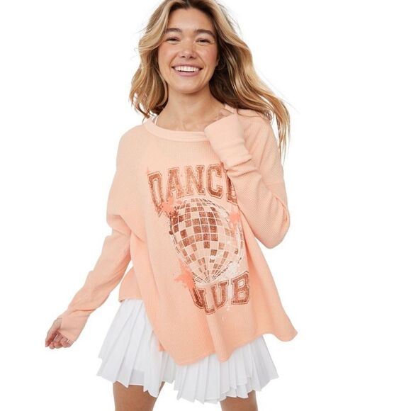 Offline Aerie Shirt Womens XS Peach Pink Dance Club Waffle Knit Thermal Oversize - Picture 1 of 6